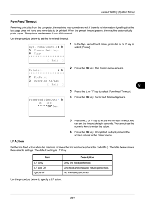 Page 2698
8-81
Default Setting (System Menu)
FormFeed Timeout
Receiving print data from the computer, the machine may sometimes wait if there is no information signalling that the 
last page does not have any more data to be printed.  When the preset timeout passes, the machine automatically 
prints paper. The options are between 5 and 495 seconds.
Use the procedure below to set the form feed timeout.
1In the Sys. Menu/Count. menu, press the  U or V  key to 
select [Printer].
2Press the OK  key. The Printer menu...