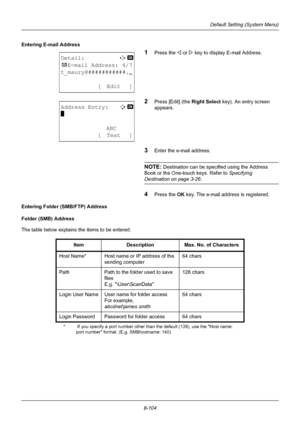 Page 2928-104
Default Setting (System Menu)
Entering E-mail Address
1Press the Y or Z key to display E-mail Address.
2Press [Edit] (the  Right Select key). An entry screen 
appears.
3Enter the e-mail address.
NOTE: Destination can be specified using the Address 
Book or the One-touch keys. Refer to  Specifying 
Destination on page 3-26.
4Press the OK key. The e-mail address is registered.
Entering Folder (SMB/FTP) Address
Folder (SMB) Address
The table below explains the items to be entered.
Detail:C  b 
p...