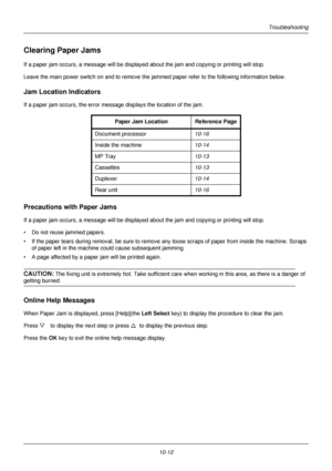 Page 35610-12
Troubleshooting
Clearing Paper Jams
If a paper jam occurs, a message will be displayed  about the jam and copying or printing will stop.
Leave the main power switch on and to remove the jammed paper refer to the following information below.
Jam Location Indicators
If a paper jam occurs, the error message displays the location of the jam.
Precautions with Paper Jams
If a paper jam occurs, a  message will be displayed  about the jam and copying or printing will stop.
• Do not reuse jammed papers.
•...