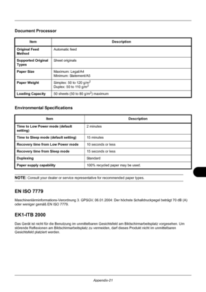 Page 421Appendix-21
Document Processor
Environmental Specifications
NOTE: Consult your dealer or service representative for recommended paper types.
EN ISO 7779
Maschinenlärminformations-Verordnung 3. GPSGV, 06.01.20 04: Der höchste Schalldruckpegel beträgt 70 dB (A) 
oder weniger gemäß EN ISO 7779.
EK1-ITB 2000
Das Gerät ist nicht für die Benutzung im unmittelbaren Gesichtsfeld am Bildschirmarbeitsplatz vorgesehen. Um 
störende Reflexionen am Bildschirmarbeitsplatz zu verme iden, darf dieses Produkt nicht im...