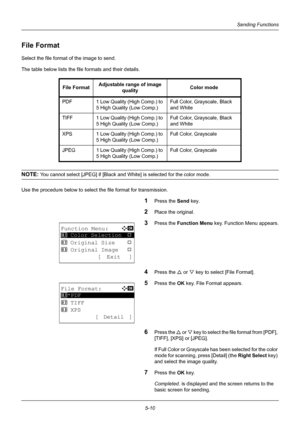 Page 1445-10
Sending Functions
File Format
Select the file format of the image to send.
The table below lists the file formats and their details.
NOTE: You cannot select [JPEG] if [Black and Wh ite] is selected for the color mode.
Use the procedure below to select  the file format for transmission.
1Press the Send key.
2Place the original.
3Press the Function Menu  key. Function Menu appears.
4Press the U or V key to select [File Format].
5Press the OK  key. File Format appears.
6Press the U or V  key to select...