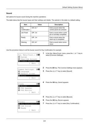 Page 1948-6
Default Setting (System Menu)
Sound
Set options for buzzer sound during the machine operations.
The table below lists the buzzer types and their settings and details. The asterisk in the table is a default setting.
Use the procedure below to set the buzzer sound for Key Confirmation for example.
1In the Sys. Menu/Count. menu, press the  U or V  key to 
select [Common Settings].
2Press the  OK key. The Common Settings menu appears.
3Press the U  or V key to select [Sound].
4Press the OK  key. Sound...