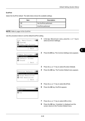 Page 2378
8-49
Default Setting (System Menu)
EcoPrint
Select the EcoPrint default. The table below shows the available settings.
NOTE: Refer to page 4-8 for EcoPrint.
Use the procedure below to set the default EcoPrint setting.
1In the Sys. Menu/Count. menu, press the  U or V  key to 
select [Common Settings].
2Press the  OK key. The Common Settings menu appears. 
3Press the U  or V key to select [Function Default]. 
4Press the  OK key. The Function Default menu appears. 
5Press the U  or V key to select...