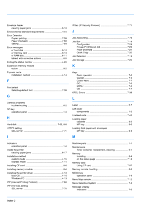 Page 203
Index-2
Envelope feederclearing paper jams ............ .....................................6-18
Environmental standard requirem ents ...........................10-4
Error Detection Duplex printing  ........................................................7-59
Paper mismatch  .................... ..................................7-59
Setting .....................................................................7-58
Error messages of hard disk...