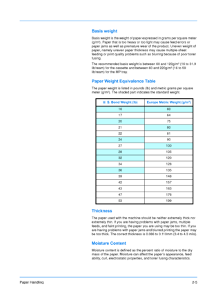 Page 32
Paper Handling2-5
Basis weight
Basis weight is the weight of paper expressed in grams per square meter 
(g/m²). Paper that is too heavy or too light may cause feed errors or 
paper jams as well as premature wear of the product. Uneven weight of 
paper, namely uneven paper thickness may cause multiple-sheet 
feeding or print quality problems such as blurring because of poor toner 
fusing.
The recommended basis weight is between 60 and 120g/m² (16 to 31.9 
lib/ream) for the cassette and between 60 and...