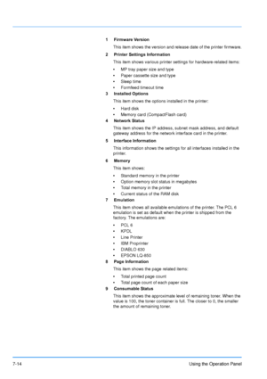 Page 111
7-14Using the Operation Panel
1 Firmware Version
This item shows the version and release date of the printer firmware.
2 Printer Settings Information This item shows various printer settings for hardware-related items:
• MP tray paper size and type
• Paper cassette size and type
• Sleep time
• Formfeed timeout time
3 Installed Options
This item shows the options installed in the printer:
• Hard disk
• Memory card (CompactFlash card)
4 Network Status
This item shows the IP address, subnet mask address,...