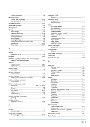 Page 204
Index-3
Status information  ..................................................... 7-4
Message display Online help messages  ............................................ 6-13
operation panel  ......................................................... 1-4
Message Language  .......... ............................................. 7-52
Mode Selection Menu  ...................................................... 7-8
Moving printer  .................................................................. 5-8
MP tray...