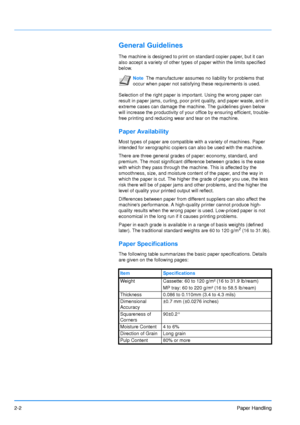 Page 29
2-2Paper Handling
General Guidelines
The machine is designed to print on standard copier paper, but it can 
also accept a variety of other types of paper within the limits specified 
below.
Selection of the right paper is important. Using the wrong paper can 
result in paper jams, curling, poor print quality, and paper waste, and in 
extreme cases can damage the machine. The guidelines given below 
will increase the productivity of your office by ensuring efficient, trouble-
free printing and reducing...