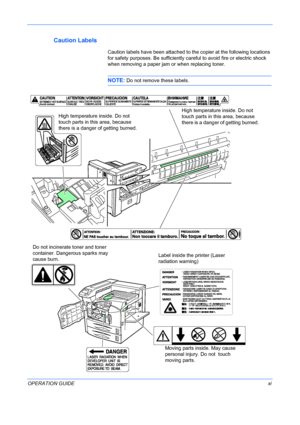 Page 13
 
OPERATION GUIDExi
Caution Labels
Caution labels have been attached to the copier at the following locations 
for safety purposes. Be sufficiently careful to avoid fire or electric shock 
when removing a paper jam or when replacing toner.
NOTE: Do not remove these labels.
High temperature inside. Do not 
touch parts in this area, because 
there is a danger of getting burned.
Do not incinerate toner and toner 
container. Dangerous sparks may 
cause burn. Moving parts inside. May cause 
personal injury....