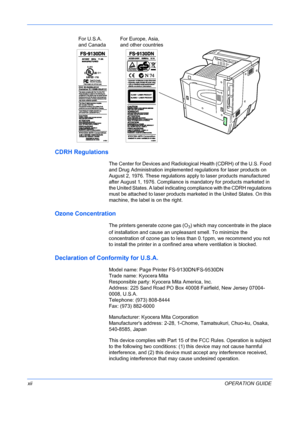 Page 14
For U.S.A.  
and Canada For Europe, Asia, 
 
and other countries
 
xii OPERATION GUIDE
CDRH Regulations
The Center for Devices and Radiological Health (CDRH) of the U.S. Food 
and Drug Administration implemented regulations for laser products on 
August 2, 1976. These regulations apply to laser products manufactured 
after August 1, 1976. Compliance is mandatory for products marketed in 
the United States. A label indicating  compliance with the CDRH regulations 
must be attached to laser products ma...