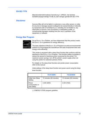 Page 17
 
OPERATION GUIDExv
EN ISO 7779
Maschinenlärminformations-Verordnung 3. GPSGV, der höchste 
Schalldruckpegel beträgt 70 dB (A) oder weniger gemäß EN ISO 7779.
Disclaimer
Kyocera Mita will not be liable to customers or any other person or entity 
for any loss or damage caused or alleged to be caused directly or indirectly 
by equipment sold or furnished by  us, including but not limited to, any 
interruption of service, loss of bu siness or anticipatory profits, or 
consequential damages resulting from...