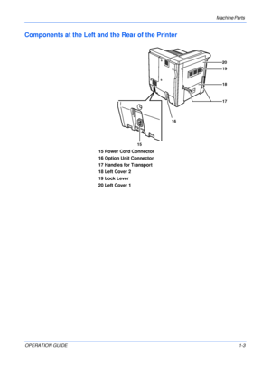 Page 31Machine Parts 
OPERATION GUIDE1-3
Components at the Left and the Rear of the Printer
15 Power Cord Connector
16 Option Unit Connector
17 Handles for Transport
18 Left Cover 2
19 Lock Lever
20 Left Cover 1
1617 18 20
19
15
Downloaded From ManualsPrinter.com Manuals 