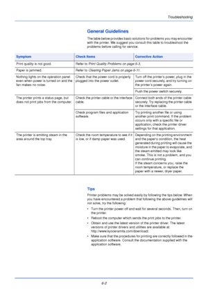 Page 158Troubleshooting
6-2
General Guidelines
The table below provides basic solutions for problems you may encounter 
with the printer. We suggest you consult this table to troubleshoot the 
problems before calling for service.
Tips
Printer problems may be solved easily by following the tips below. When 
you have encountered a problem that following the above guidelines will 
not solve, try the following:
• Turn the printer power off and wait for several seconds. Then, turn on  the printer.
• Reboot the...