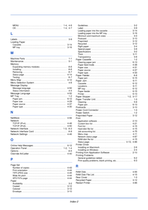 Page 192Index-2
MENU . . . . . . . . . . . . . . . . . . . . . . . . . . . . . . . . . .    1-4,  4-6
OK. . . . . . . . . . . . . . . . . . . . . . . . . . . . . . . . . . . . .    1-4,  4-7
L
Labels . . . . . . . . . . . . . . . . . . . . . . . . . . . . . . . . . . . . . . . .    3-9
Loading Paper
Cassette. . . . . . . . . . . . . . . . . . . . . . . . . . . . . . . . . . . .    3-14
MP tray . . . . . . . . . . . . . . . . . . . . . . . . . . . . . . . . . . . .    3-16
M
Machine Parts  . . . . . . . . . . . ....