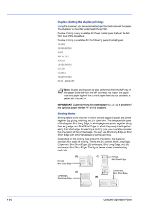 Page 1124-56Using the Operation Panel 
Duplex (Setting the duplex printing)
Using the duplexer, you can automatically print on both sides of the paper. 
The duplexer is mounted underneath the printer.
Duplex printing is only available for those media types that can be fed 
from one of the cassettes. 
Duplex printing is available for the following paper(media) types:
PLAIN
PREPRINTED
BOND
RECYCLED
ROUGH
LETTERHEAD
COLOR
COATED
PREPUNCHED
HIGH QUALITY
IMPORTANT  Duplex printing for coated paper (Coated) is...