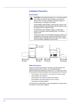 Page 16xvi 
Installation Precautions
Environment
Other Precautions
Adverse environmental conditions may affect the safe operation and 
performance of the printer. Install in an air-conditioned room 
(recommended room temperature: around 23 °C, humidity: around 60 % 
RH) and avoid the following locations when selecting a site for the printer.
- Avoid locations near a window or with exposure to direct sunlight.
- Avoid locations with vibrations.
- Avoid locations with drastic temperature fluctuations.
- Avoid...