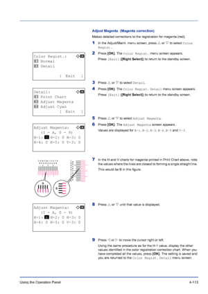 Page 169Using the Operation Panel 4-113
Adjust Magenta  (Magenta correction)
Makes detailed corrections to the registration for magenta (red).
1In the Adjust/Maint. menu screen, press U or V to select Color 
Regist..
2Press [OK]. The Color Regist. menu screen appears.
Press [Exit] ([Right Select]) to return to the standby screen.
3Press U or V to select Detail.
4Press [OK]. The Color Regist. Detail menu screen appears.
Press [Exit] ([Right Select]) to return to the standby screen.
5Press U or V to select Adjust...