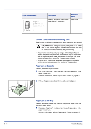 Page 2006-16Troubleshooting 
General Considerations for Clearing Jams
Bear in mind the following considerations when attempting jam removal:
• If paper jams occur frequently, try using a different type of paper, 
replace the paper with paper from another ream, flip the paper stack 
over, or rotate the paper stack 180 degrees. The printer may have 
problems if paper jams recur after the paper was replaced.
• Whether or not the jammed pages are reproduced normally after 
printing is resumed depends on the location...