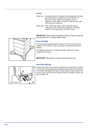 Page 214A-10 
PF-510 :
Paper size : Envelope Monarch, Envelope #10, Envelope #9, Envelope 
#6, Envelope DL, Envelope C5, A5, B5, ISO B5, A4, 
Executive, Letter, Legal, OufukuHagaki, Oficio II, 
Statement, Folio, Youkei 2, Youkei 4, 16K and Other (92 x 
162 mm to 216 x 356 mm)
Paper type : Plain, Preprinted, Labels, Bond, Recycled, Rough,  
Letterhead, Color, Prepunched, Cardstock, Envelope, 
Coated, Thick, High quality, CUSTOM 1 (to 8)
IMPORTANT  Please make sure that the machine is stable, by placing 
the paper...