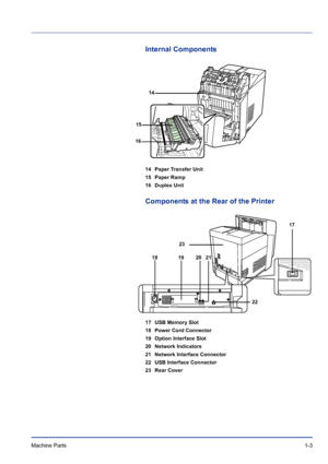 Page 23Machine Parts 1-3
Internal Components
14 Paper Transfer Unit
15 Paper Ramp
16 Duplex Unit
Components at the Rear of the Printer
17 USB Memory Slot
18 Power Cord Connector
19 Option Interface Slot
20 Network Indicators
21 Network Interface Connector
22 USB Interface Connector
23 Rear Cover
17
1819 2021
22
23
14
16
15
Downloaded From ManualsPrinter.com Manuals 