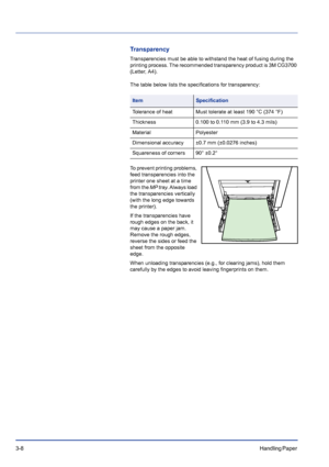 Page 463-8Handling Paper 
Transparency
Transparencies must be able to withstand the heat of fusing during the 
printing process. The recommended transparency product is 3M CG3700 
(Letter, A4).
The table below lists the specifications for transparency:
To prevent printing problems, 
feed transparencies into the 
printer one sheet at a time 
from the MP tray. Always load 
the transparencies vertically 
(with the long edge towards 
the printer).
If the transparencies have 
rough edges on the back, it 
may cause a...