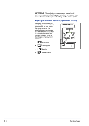 Page 503-12Handling Paper 
IMPORTANT  When printing on coated paper in very humid 
environments, ensure that the paper is kept dry as moisture may 
cause sheets to stick together when they are fed into the printer.
Paper Type Indicators (Optional paper feeder PF-510)
If you are going to load non 
standard paper in the optional 
paper feeder PF-510, cut out 
the blank section of the 
attached paper type indicator 
sheet, fold the remaining sheet 
in half and insert it into the 
cassettes display folder so 
that...