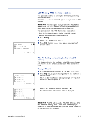 Page 73Using the Operation Panel 4-17
USB Memory (USB memory selection)
This specifies the settings for removing the USB memory and printing 
USB memory content. 
The USB Memory menu automatically appears when you install the USB 
memory.
IMPORTANT  This message is displayed only when the USB host 
block is set to Unblock. For more information, please refer to I/F 
Block Set. (External interface block setting) on page 4-92
The options available in the USB Memory menu are as follows:
• Print File (Printing and...