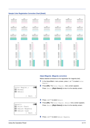 Page 167Using the Operation Panel 4-111
Sample Color Registration Correction Chart [Detail]
Adjust Magenta  (Magenta correction)
Makes detailed corrections to the registration for magenta (red).
1In the Adjust/Maint. menu screen, press U or V to select Color 
Regist..
2Press [OK]. The Color Regist. menu screen appears.
Press [Exit] ([Right Select]) to return to the standby screen.
3Press U or V to select Detail.
4Press [OK]. The Color Regist. Detail menu screen appears.
Press [Exit] ([Right Select]) to return to...