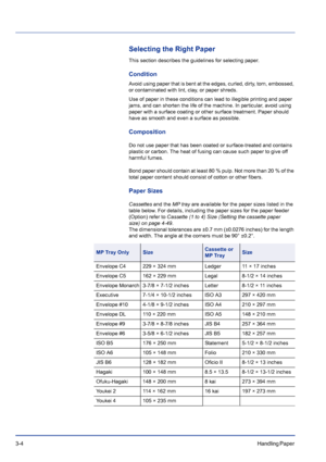 Page 443-4Handling Paper 
Selecting the Right Paper
This section describes the guidelines for selecting paper.
Condition
Avoid using paper that is bent at the edges, curled, dirty, torn, embossed, 
or contaminated with lint, clay, or paper shreds.
Use of paper in these conditions can lead to illegible printing and paper 
jams, and can shorten the life of the machine. In particular, avoid using 
paper with a surface coating or other surface treatment. Paper should 
have as smooth and even a surface as possible....