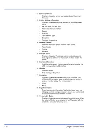 Page 704-14Using the Operation Panel 
1 Firmware Version
This item shows the version and release date of the printer 
firmware.
2 Printer Settings Information
This item shows various printer settings for hardware-related 
items:
- MP tray paper size and type
- Paper cassette size and type
- Copies
- EcoPrint
- Default Media Type
- Sleep time
- Formfeed timeout time
3 Installed Options
This item shows the options installed in the printer:
- Paper Feeder
- Finisher
-Mail Box
4 Network Status
This item shows the...