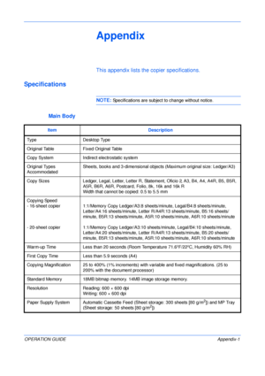 Page 137 
OPERATION GUIDEAppendix-1
Appendix
This appendix lists the copier specifications.
Specifications 
NOTE: Specifications are subject to change without notice.
Main Body
Item Description
Ty p e D e s k t op  Ty p e
Original Table Fixed Original Table
Copy System Indirect electrostatic system
Original Types 
AccommodatedSheets, books and 3-dimensional objects (Maximum original size: Ledger/A3)
Copy Sizes Ledger, Legal, Letter, Letter R, Statement, Oficio 2, A3, B4, A4, A4R, B5, B5R, 
A5R, B6R, A6R,...