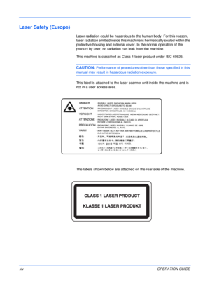 Page 16 
xivOPERATION GUIDE
Laser Safety (Europe)
Laser radiation could be hazardous to the human body. For this reason, 
laser radiation emitted inside this machine is hermetically sealed within the 
protective housing and external cover. In the normal operation of the 
product by user, no radiation can leak from the machine.
This machine is classified as Class 1 laser product under IEC 60825.
CAUTION: Performance of procedures other than those specified in this 
manual may result in hazardous radiation...