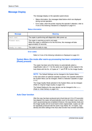 Page 28Name of Parts 
1-6OPERATION GUIDE
Message Display
The message display on the operation panel shows:
• Status information, the messages listed below which are displayed 
during normal operation.
• Error codes, when the printer requires the operator’s attention, refer to 
If one of the following indications is Displayed on page 9-5.
Status Information 
Error codes
Refer to If one of the following indications is Displayed on page 9-5.
System Menu (the mode after warm-up processing has been completed or...
