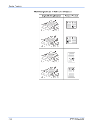 Page 64Copying Functions 
4-14OPERATION GUIDE When the original is set in the Document Processor
Original Setting Direction Finished Product






Downloaded From ManualsPrinter.com Manuals 