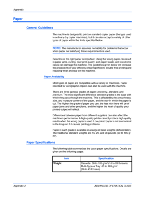 Page 134Appendix 
Appendix-2 ADVANCED OPERATION GUIDE
Paper
General Guidelines
The machine is designed to print on standard copier paper (the type used 
in ordinary dry copier machines), but it can also accept a variety of other 
types of paper within the limits specified below.
NOTE: The manufacturer assumes no liability for problems that occur 
when paper not satisfying these requirements is used.
Selection of the right paper is important. Using the wrong paper can result 
in paper jams, curling, poor print...