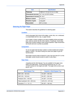 Page 135Appendix 
ADVANCED OPERATION GUIDE Appendix-3
Selecting the Right Paper
This section describes the guidelines for selecting paper.
Condition
Avoid using paper that is bent at the edges, curled, dirty, torn, embossed, 
or contaminated with lint, clay, or paper shreds.
Use of paper in these conditions can lead to illegible printing and paper 
jams, and can shorten the life of the machine. In particular, avoid using 
paper with a surface coating or other surface treatment. Paper should have 
as smooth and...