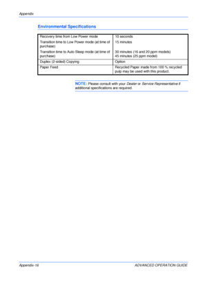 Page 148Appendix 
Appendix-16 ADVANCED OPERATION GUIDE
Environmental Specifications
NOTE: Please consult with your Dealer or Service Representative if 
additional specifications are required. Recovery time from Low Power mode 10 seconds
Transition time to Low Power mode (at time of 
purchase)15 minutes
Transition time to Auto Sleep mode (at time of 
purchase)30 minutes (16 and 20 ppm models)
45 minutes (25 ppm model)
Duplex (2-sided) Copying Option
Paper Feed Recycled Paper made from 100 % recycled 
pulp may be...
