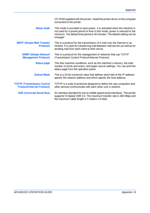 Page 151Appendix 
ADVANCED OPERATION GUIDE Appendix-19CD-ROM supplied with the printer. Install the printer driver on the computer 
connected to the printer.
Sleep modeThis mode is provided to save power. It is activated when the machine is 
not used for a preset period of time.In this mode, power is reduced to the 
minimum. The default time period is 30 minutes. The default setting can be 
changed.
SMTP (Simple Mail Transfer
Protocol)This is a protocol for the transmission of e-mail over the Internet or an...