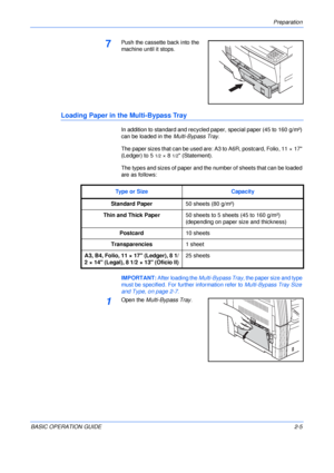 Page 37Preparation 
BASIC OPERATION GUIDE2-5
7Push the cassette back into the 
machine until it stops.
Loading Paper in the Multi-Bypass Tray
In addition to standard and recycled paper, special paper (45 to 160 g/m²) 
can be loaded in the Multi-Bypass Tray.
The paper sizes that can be used are: A3 to A6R, postcard, Folio, 11 × 17 
(Ledger) to 5 
1/2×8 1/2 (Statement).
The types and sizes of paper and the number of sheets that can be loaded 
are as follows:
IMPORTANT: After loading the Multi-Bypass Tray, the...