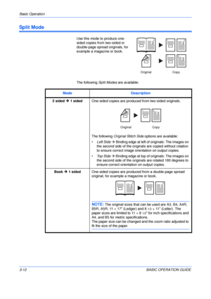 Page 62Basic Operation 
3-12BASIC OPERATION GUIDE
Split Mode
Use this mode to produce one-
sided copies from two-sided or 
double-page spread originals, for 
example a magazine or book.
The following Split Modes are available:
Original Copy
2121
2112
Mode Description
2 sided ¼ 1 sidedOne-sided copies are produced from two-sided originals.
The following Original Stitch Side options are available:
•Left Side Æ Binding edge at left of originals: The images on 
the second side of the originals are copied without...