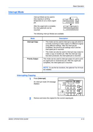 Page 65Basic Operation 
BASIC OPERATION GUIDE3-15
Interrupt Mode
Interrupt Mode can be used to 
stop copying or printing 
temporarily to run a more urgent 
job.
After the urgent job is complete, 
the interrupted job can be 
resumed.
The following Interrupt Modes are available:
Interrupting Copying
1Press [Interrupt].
An Interrupt mode OK message 
displays.
2Remove and store the original for the current copying job.
Mode Description
Interrupt Copy• This mode can be used to interrupt a copy job which is...