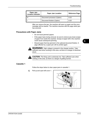 Page 193Troubleshooting 
OPERATION GUIDE6-13
6
After you remove the jam, the machine will warm up again and the error 
message will be cleared. The machine resumes with the page which jam 
has occurred.
Precautions with Paper Jams
• Do not reuse jammed papers.
• If the paper tears during removal, be sure to remove any loose scraps 
of paper from inside the machine. Scraps of paper left in the machine 
could cause subsequent jamming.
• Discard paper that has jammed in the optional document finisher. A 
page...