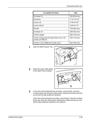 Page 65Preparation before Use 
OPERATION GUIDE2-35
1Open the Multi Purpose Tray.
2Adjust the paper width guides 
to the width of the envelope.
3In the case of the landscape form envelope, close the flap. Insert the 
envelope all the way along the width guides, keeping the printing side face-
up and with the flap positioned backward.
In the case of the portrait form envelope, open the flap. Insert the envelope 
all the way along the width guides, keeping the printing side face-up and 
with the flap positioned...