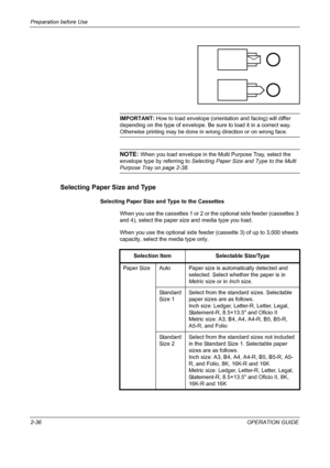 Page 66Preparation before Use 
2-36OPERATION GUIDE
IMPORTANT: How to load envelope (orientation and facing) will differ 
depending on the type of envelope. Be sure to load it in a correct way. 
Otherwise printing may be done in wrong direction or on wrong face.
NOTE: When you load envelope in the Multi Purpose Tray, select the 
envelope type by referring to Selecting Paper Size and Type to the Multi 
Purpose Tray on page 2-38.
Selecting Paper Size and Type
Selecting Paper Size and Type to the Cassettes
When you...