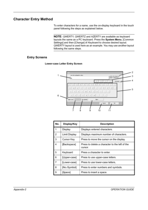 Page 210 
Appendix-2OPERATION GUIDE
Character Entry Method
To enter characters for a name, use the on-display keyboard in the touch 
panel following the steps as explained below.
NOTE: QWERTY, QWERTZ and AZERTY are available as keyboard 
layouts the same as a PC keyboard. Press the System Menu, [Common 
Settings] and then [Change] of Keyboard to choose desired layout. 
QWERTY layout is used here as an example. You may use another layout 
following the same steps. 
Entry Screens
Lower-case Letter Entry Screen
No....