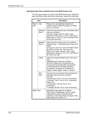 Page 78
Preparation before Use 
2-44OPERATION GUIDE
Specifying Paper Size and Media Type for the Multi Purpose Tray
To fix the type of paper to be used in the Multi Purpose tray, specify the 
paper size.When using other than a plain paper, specify the media type.
Item Description
Paper 
Size Auto Paper size is automatically detected and 
selected. Select whether the paper is in  Metric 
size or in  Inch size.
Standard 
Sizes 1 Select from the standard sizes. Selectable paper 
sizes are as follows.
Inch size:...