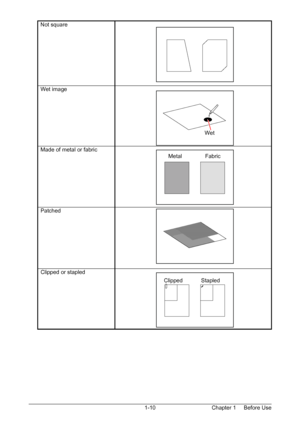 Page 13Chapter 1     Before Use  1-10  
Not square   
Wet image   
Made of metal or fabric   
Patched  
Clipped or stapled   
 
 
 
 
 
 
 
Wet 
Metal               Fabric 
Clipped            Stapled 
Downloaded From ManualsPrinter.com Manuals 