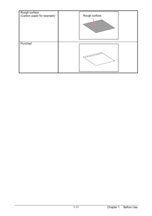 Page 14Chapter 1     Before Use  1-11  
Rough surface  
(Carbon paper for example)  
Punched  
 
 
  Rough surface
Downloaded From ManualsPrinter.com Manuals 