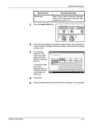 Page 67Preparation before Use 
OPERATION GUIDE2-37
1Press the System Menu key.
2Press [Common Settings], [Change] of Original/Paper Setup, [Change] of 
Cassette setting, [Change] of the required paper source and then [Change] 
of Paper Size.
3For automatic 
detection of the 
paper size, press 
[Auto] and select 
[Metric] or [Inch] as 
the unit.
To select the paper 
size, press 
[Standard Sizes 1] 
or [Standard Sizes 
2] and select the 
paper size.
4Press [OK].
5Press [Change] of Media Type and select the media...