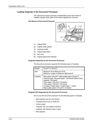 Page 72Preparation before Use 
2-42OPERATION GUIDE
Loading Originals in the Document Processor
The optional document processor automatically scans each sheet of 
multiple originals. Both sides of two-sided originals are scanned.
Part Names of Document Processor
(1) Original table
(2) Original width guides
(3) Opening handle
(4) Original eject table
(5) Top cover
(6) Original placement indicator
Originals Supported by the Document Processor
The document processor supports the following types of originals....